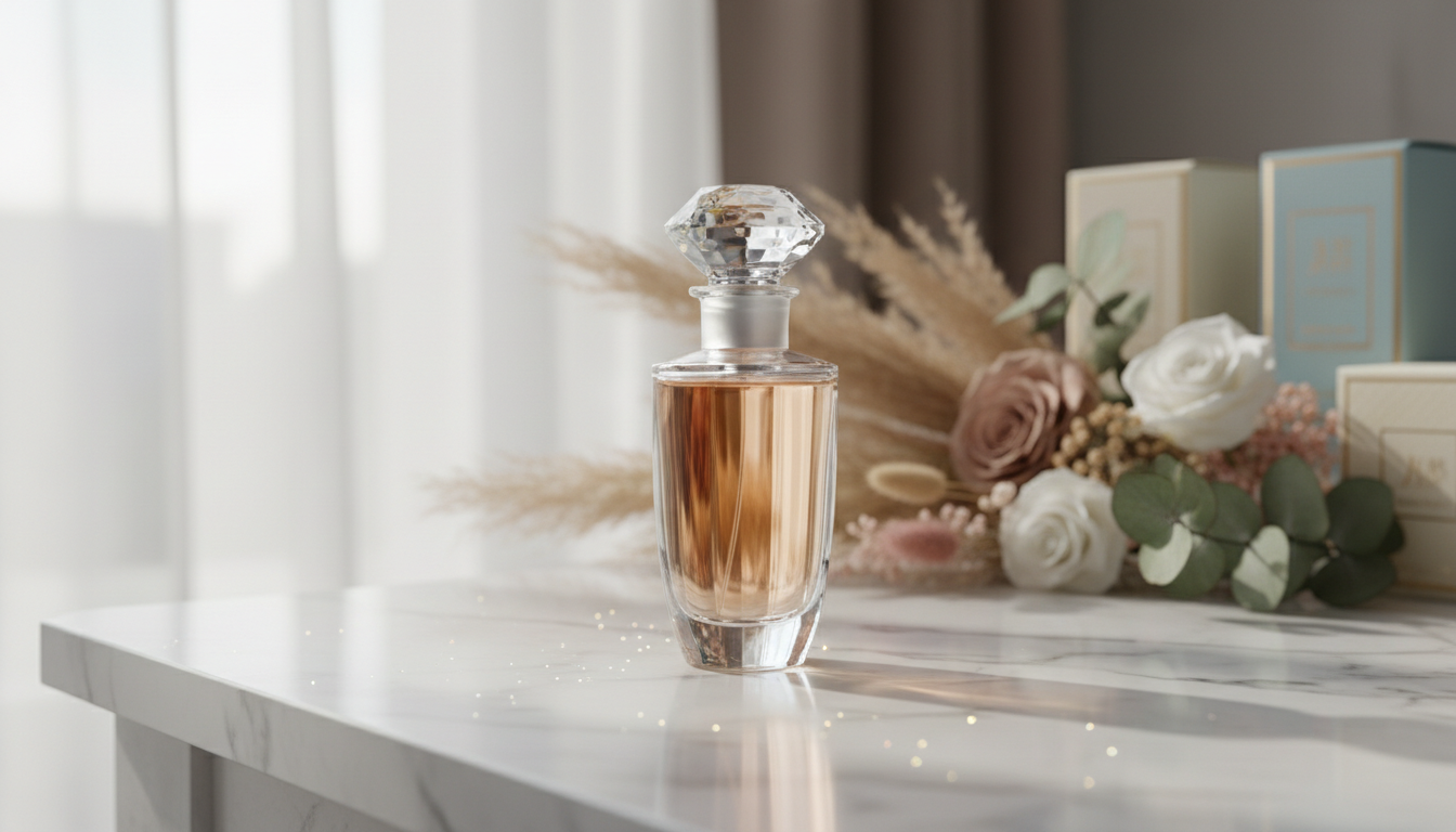 An elegant glass perfume bottle with an intricate cut-crystal stopper, filled with pale amber liquid, standing atop a gleaming white marble vanity. The bottle’s facets catch and reflect soft natural daylight streaming from a nearby window, producing tiny prismatic highlights on the marble surface. The background features blurred hints of perfume boxes and delicate dried flowers in muted tones, adding subtle texture. Photographed from a slightly elevated angle with a centered composition and shallow depth of field, the mood is refined and luxurious, blending clean modern realism with a timeless, inviting quality, ideal for a fragrance review blog.
